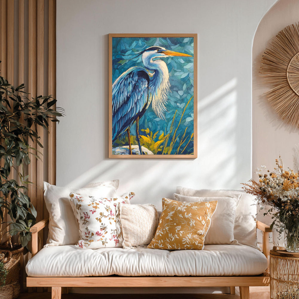 Coastal Bird Canvas Print, Blue Heron Wall Art, Nautical Wildlife Artwork, Beach House Bedroom Decor, Bold Nature Wall Art