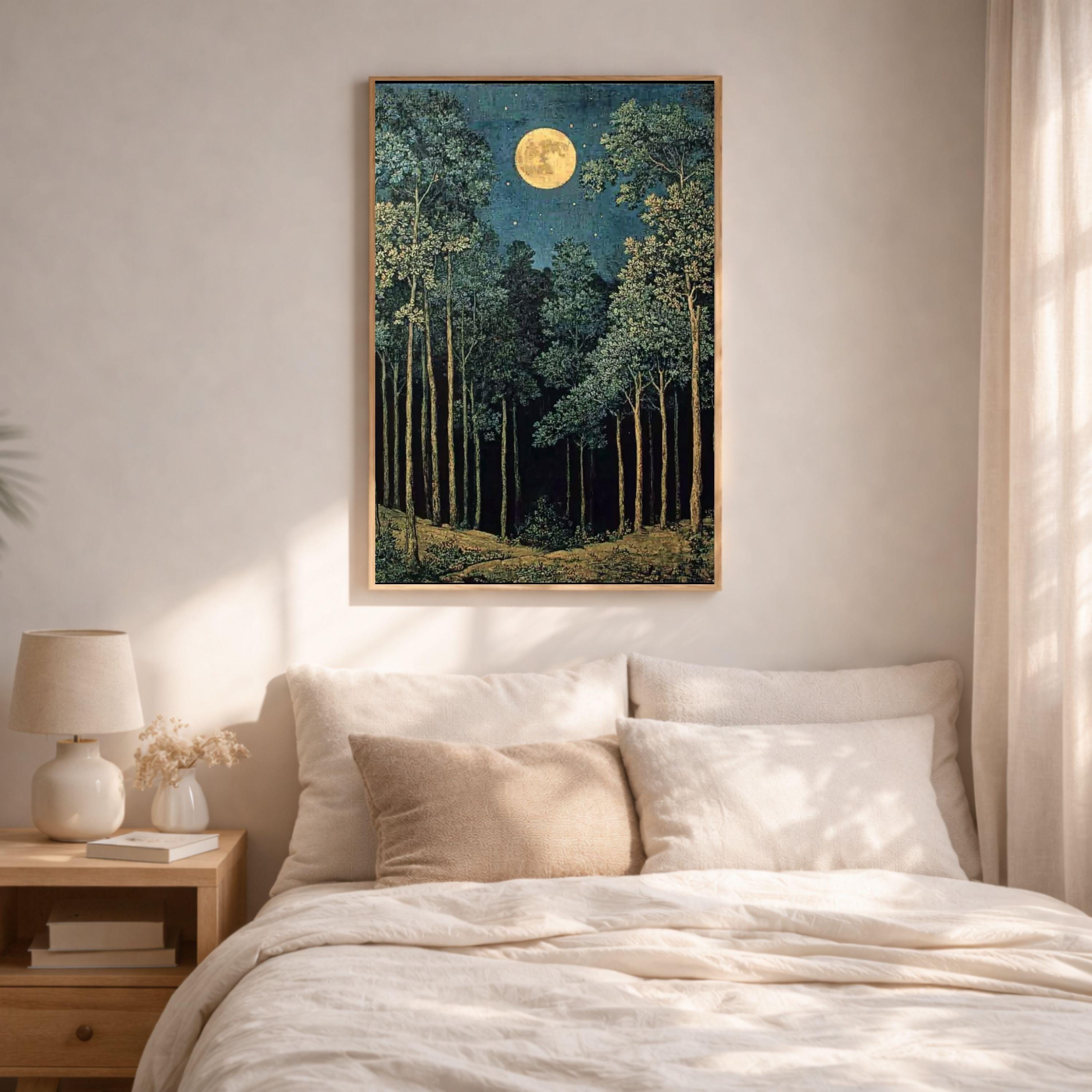 Moonlit Forest Wall Art, Night Landscape Canvas Print, Mystical Woodland Framed Art, Dark Nature Decor, Celestial Forest Home Accent