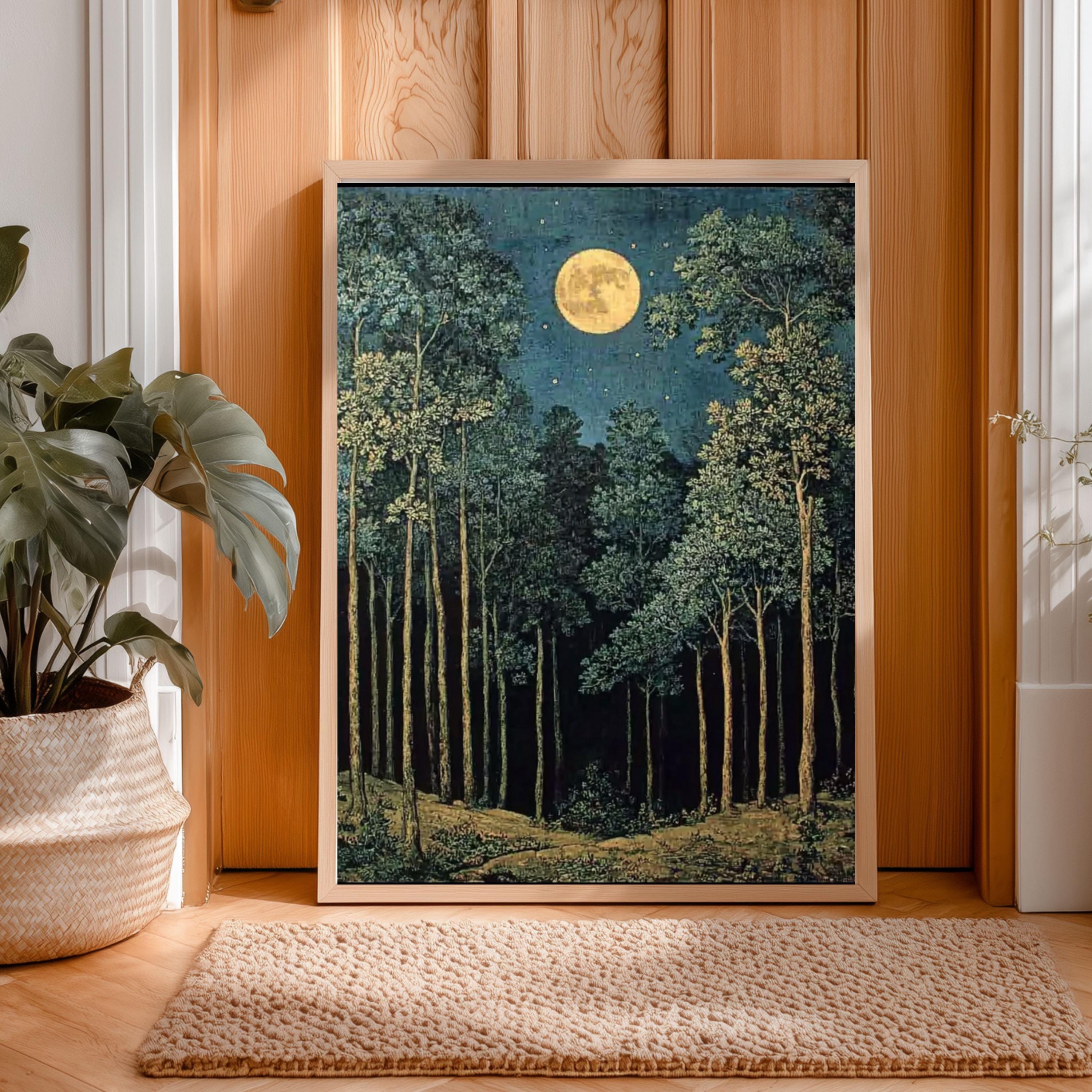 Moonlit Forest Wall Art, Night Landscape Canvas Print, Mystical Woodland Framed Art, Dark Nature Decor, Celestial Forest Home Accent