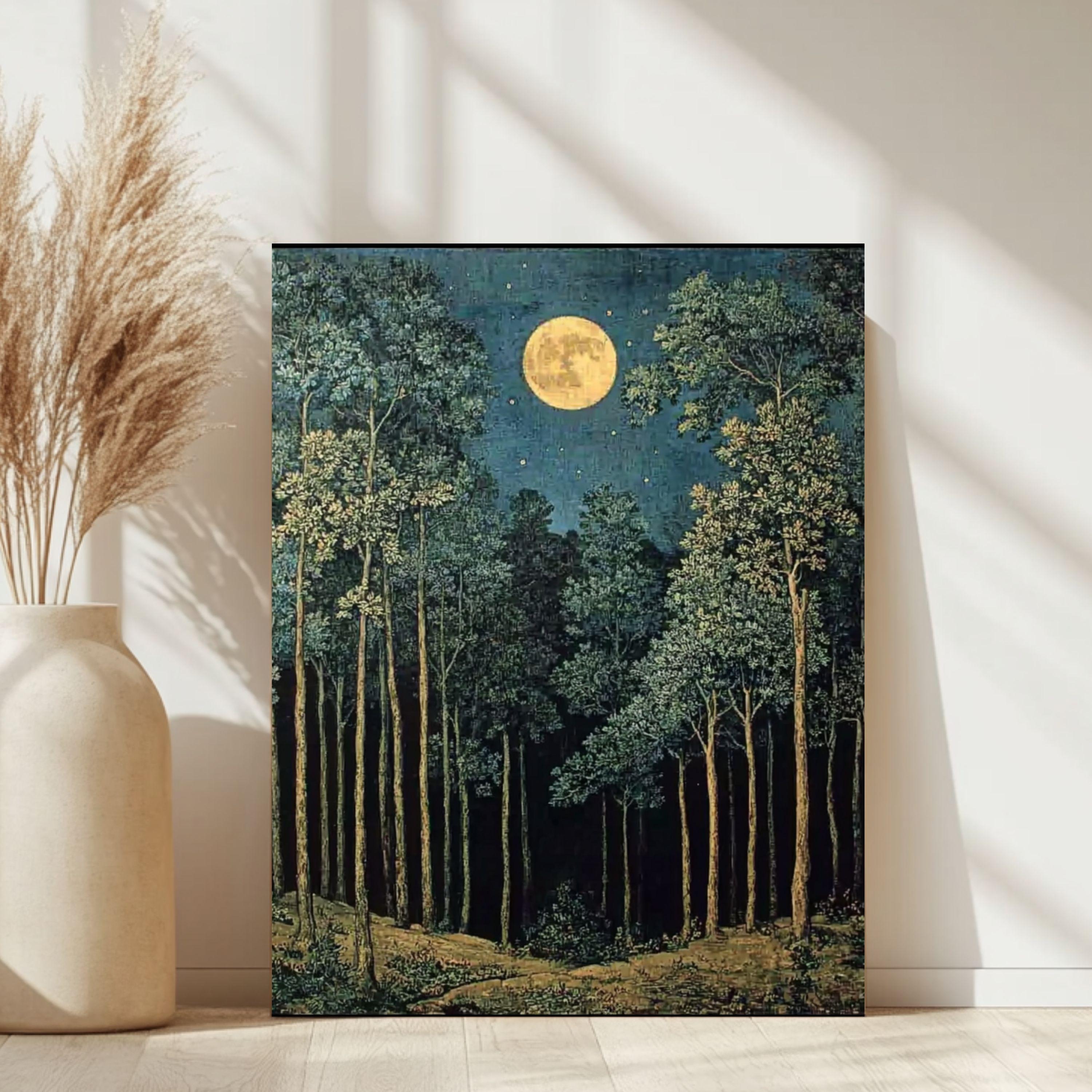 Moonlit Forest Wall Art, Night Landscape Canvas Print, Mystical Woodland Framed Art, Dark Nature Decor, Celestial Forest Home Accent
