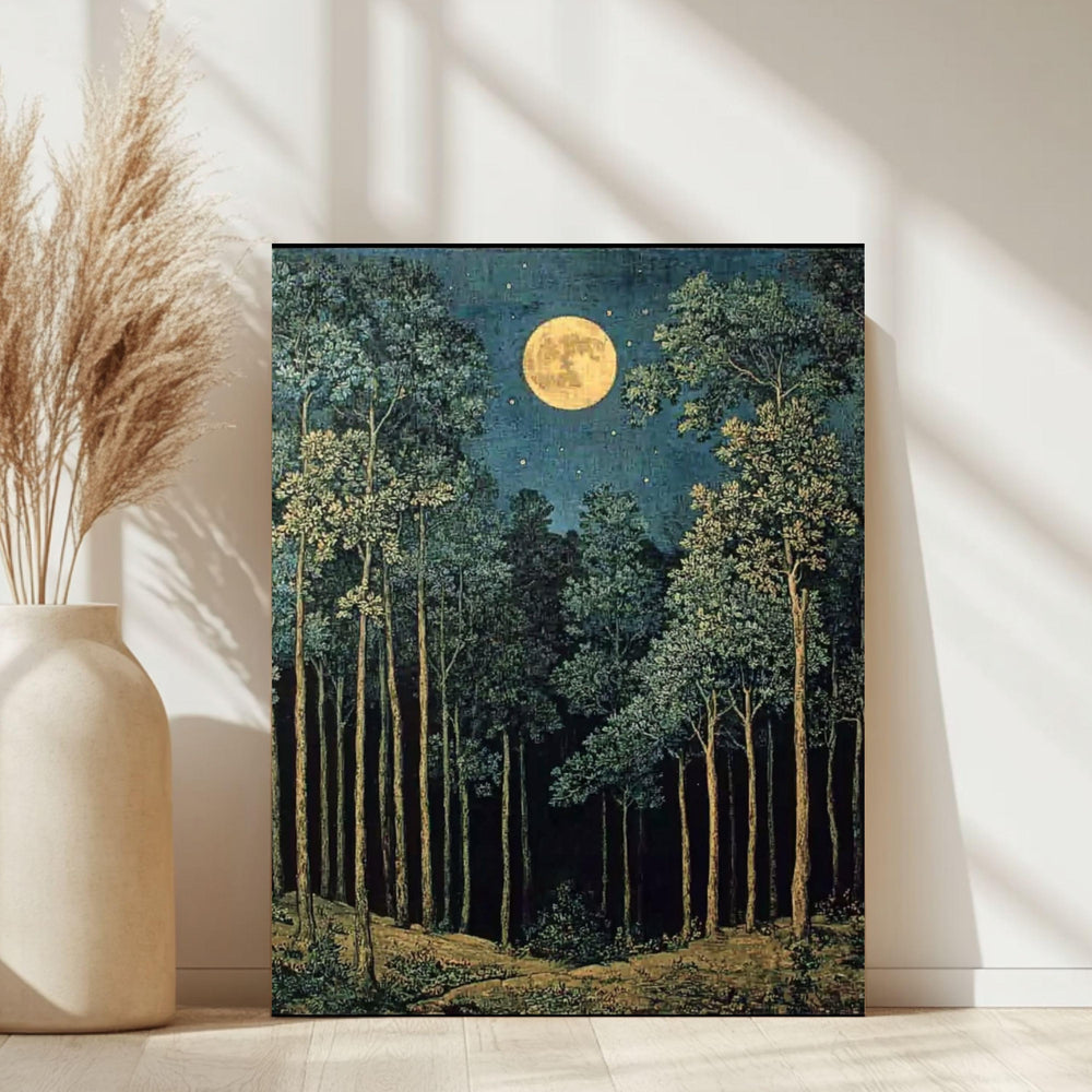 Moonlit Forest Wall Art, Night Landscape Canvas Print, Mystical Woodland Framed Art, Dark Nature Decor, Celestial Forest Home Accent