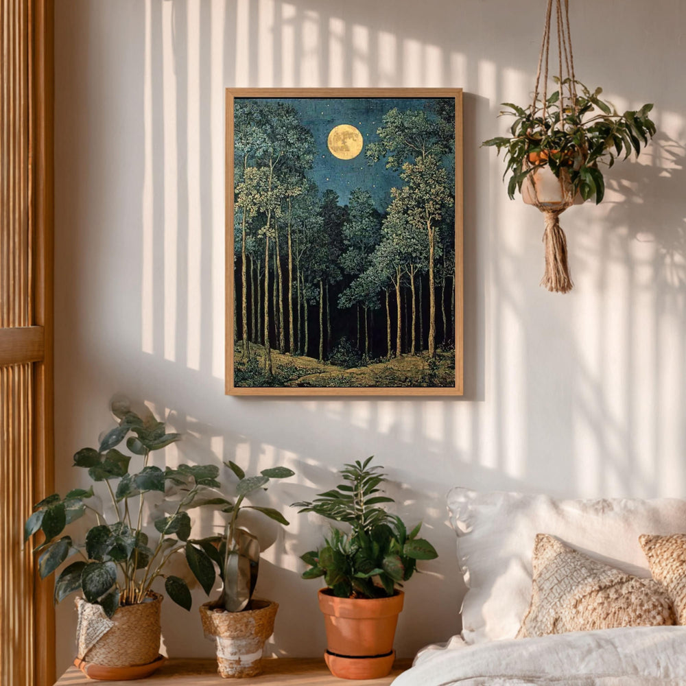Moonlit Forest Wall Art, Night Landscape Canvas Print, Mystical Woodland Framed Art, Dark Nature Decor, Celestial Forest Home Accent
