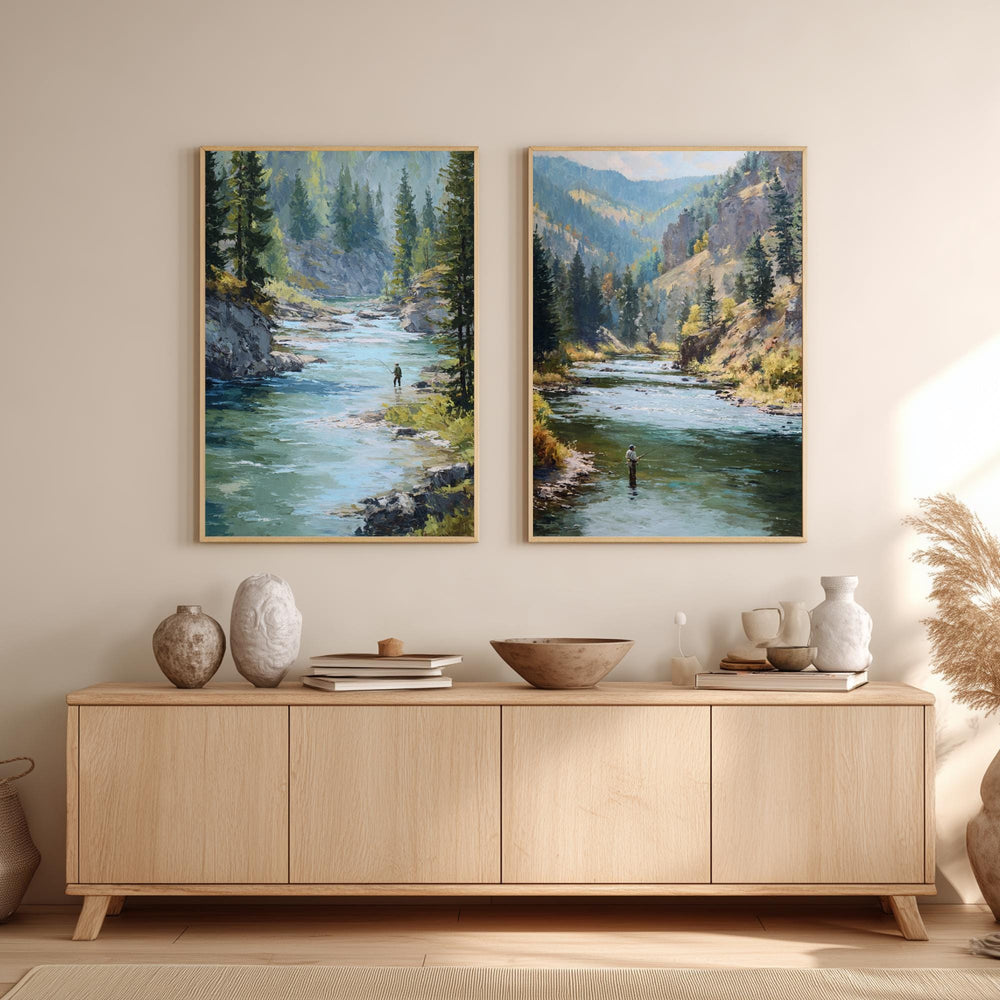 Set of 2 Mountain River Wall Art, Fishing Landscape Framed Canvas Duo, Rustic Wilderness Nature Prints, Cabin Lodge Home Decor