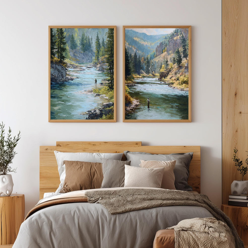 Set of 2 Mountain River Wall Art, Fishing Landscape Framed Canvas Duo, Rustic Wilderness Nature Prints, Cabin Lodge Home Decor