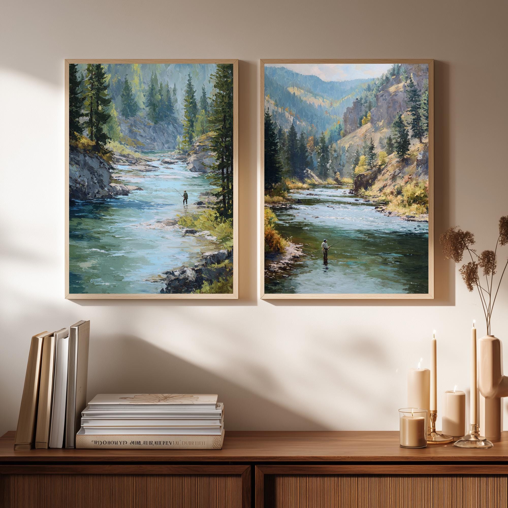 Set of 2 Mountain River Wall Art, Fishing Landscape Framed Canvas Duo, Rustic Wilderness Nature Prints, Cabin Lodge Home Decor