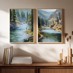 Set of 2 Mountain River Wall Art, Fishing Landscape Framed Canvas Duo, Rustic Wilderness Nature Prints, Cabin Lodge Home Decor