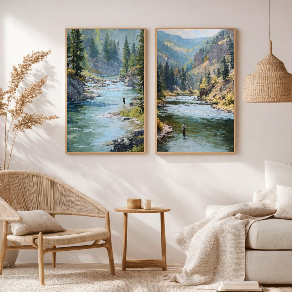 Set of 2 Mountain River Wall Art, Fishing Landscape Framed Canvas Duo, Rustic Wilderness Nature Prints, Cabin Lodge Home Decor