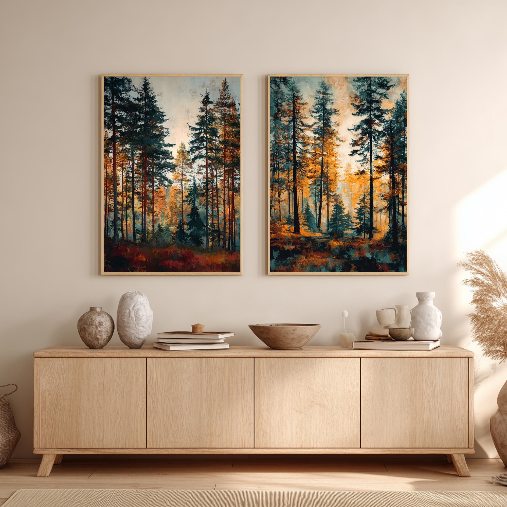 Set of 2 Autumn Forest Wall Art, Rustic Pine Tree Framed Canvas Duo, Fall Woodland Landscape Prints, Cozy Nature Home Decor