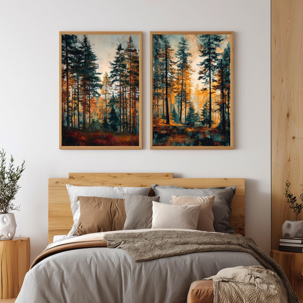 Set of 2 Autumn Forest Wall Art, Rustic Pine Tree Framed Canvas Duo, Fall Woodland Landscape Prints, Cozy Nature Home Decor