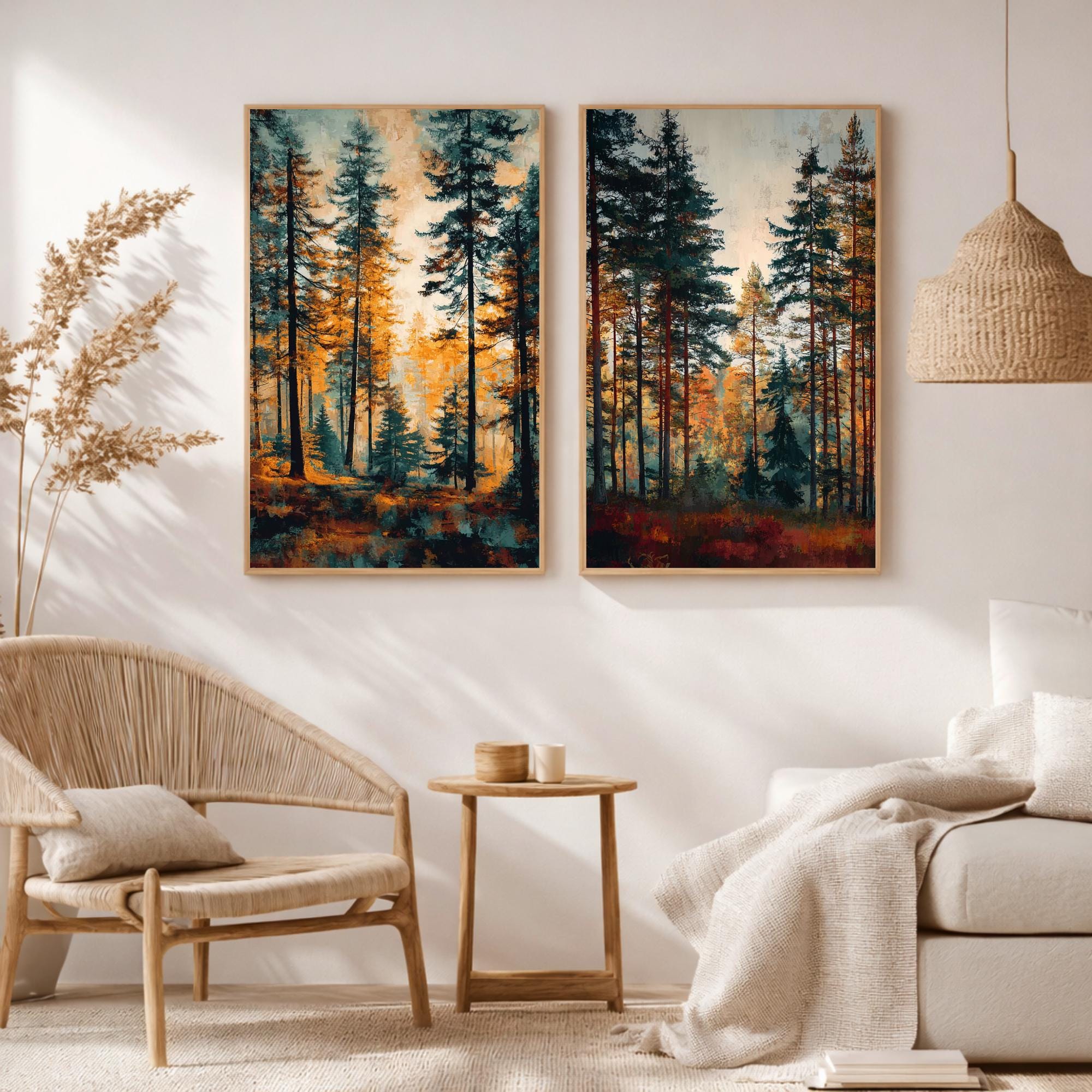 Set of 2 Autumn Forest Wall Art, Rustic Pine Tree Framed Canvas Duo, Fall Woodland Landscape Prints, Cozy Nature Home Decor