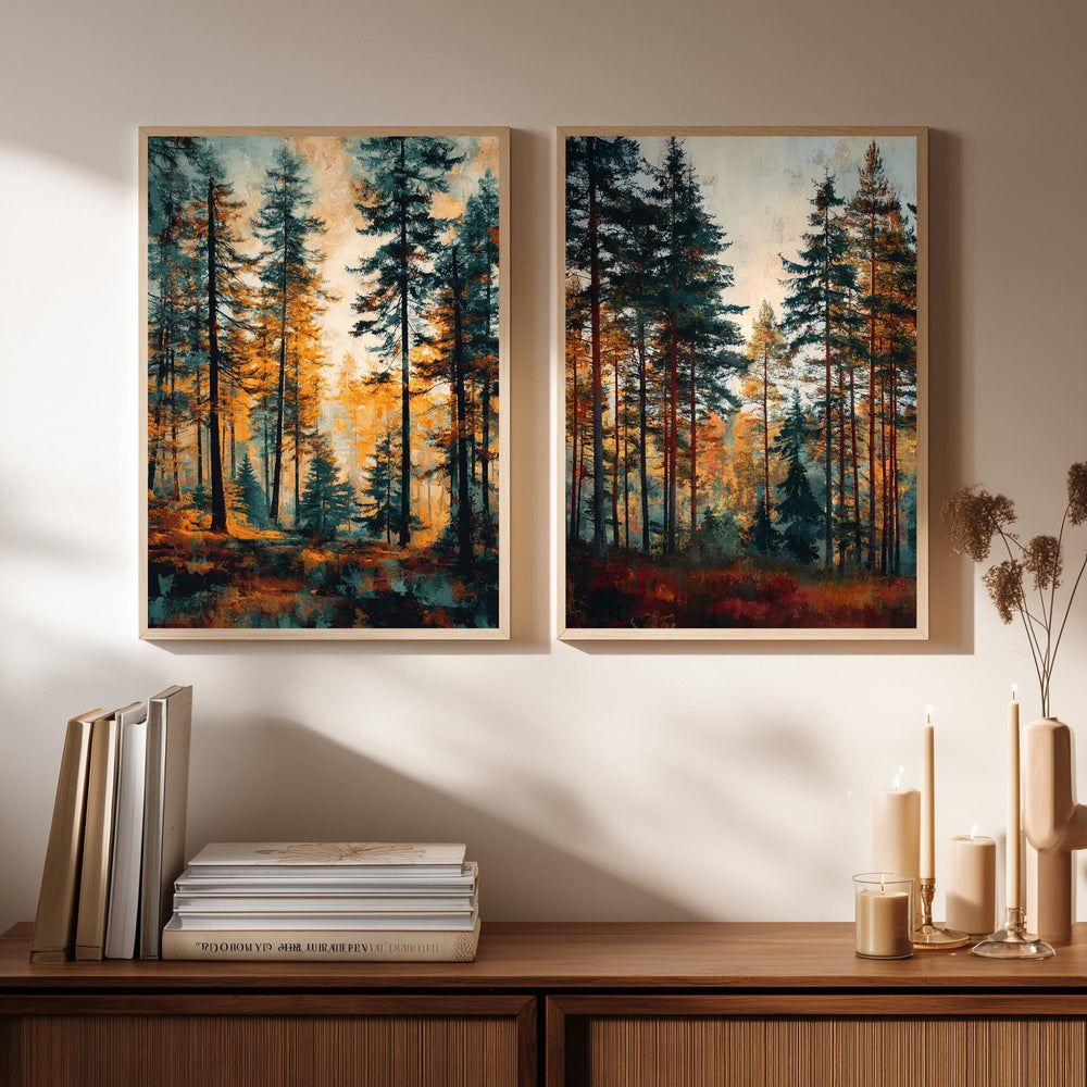 Set of 2 Autumn Forest Wall Art, Rustic Pine Tree Framed Canvas Duo, Fall Woodland Landscape Prints, Cozy Nature Home Decor