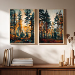 Set of 2 Autumn Forest Wall Art, Rustic Pine Tree Framed Canvas Duo, Fall Woodland Landscape Prints, Cozy Nature Home Decor