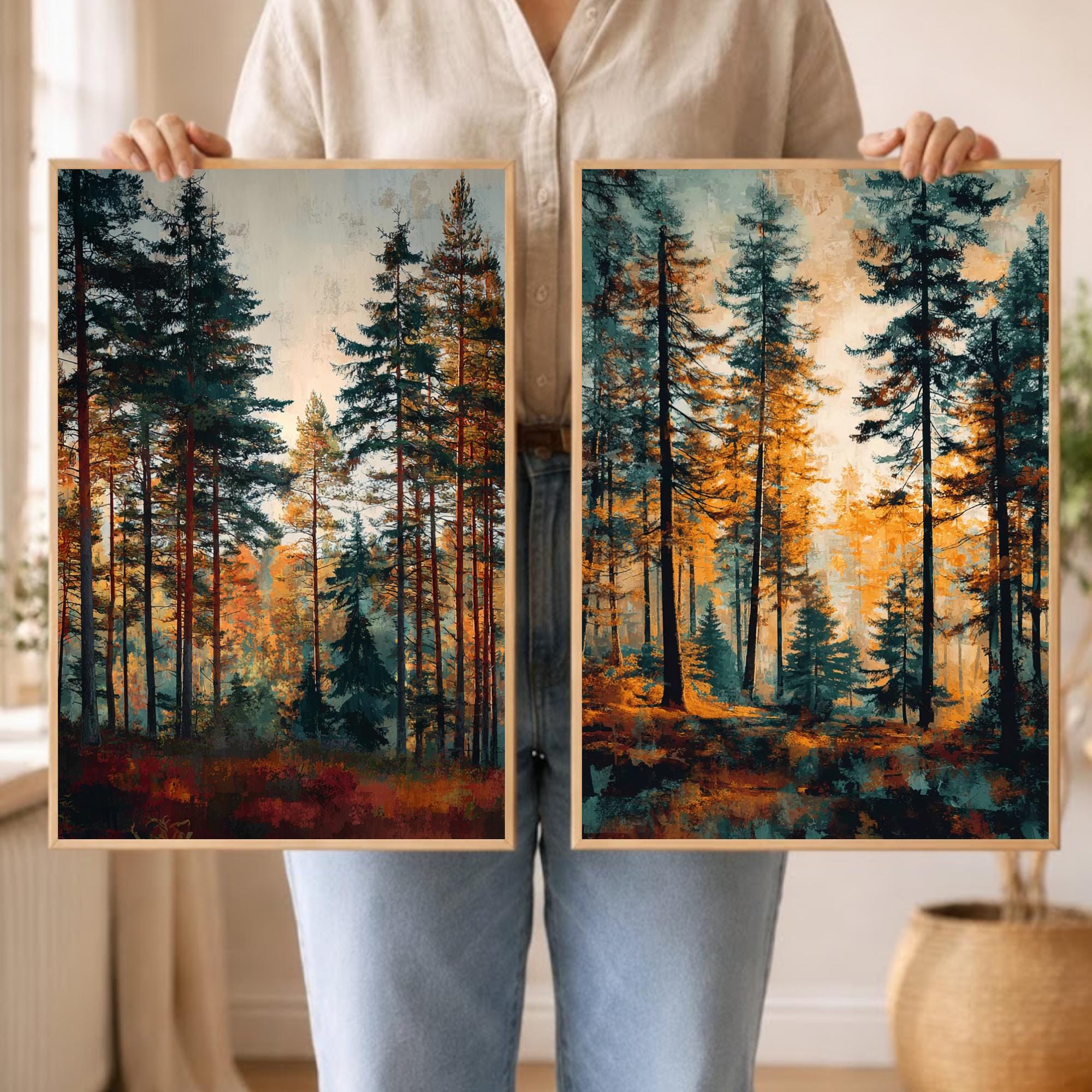 Set of 2 Autumn Forest Wall Art, Rustic Pine Tree Framed Canvas Duo, Fall Woodland Landscape Prints, Cozy Nature Home Decor