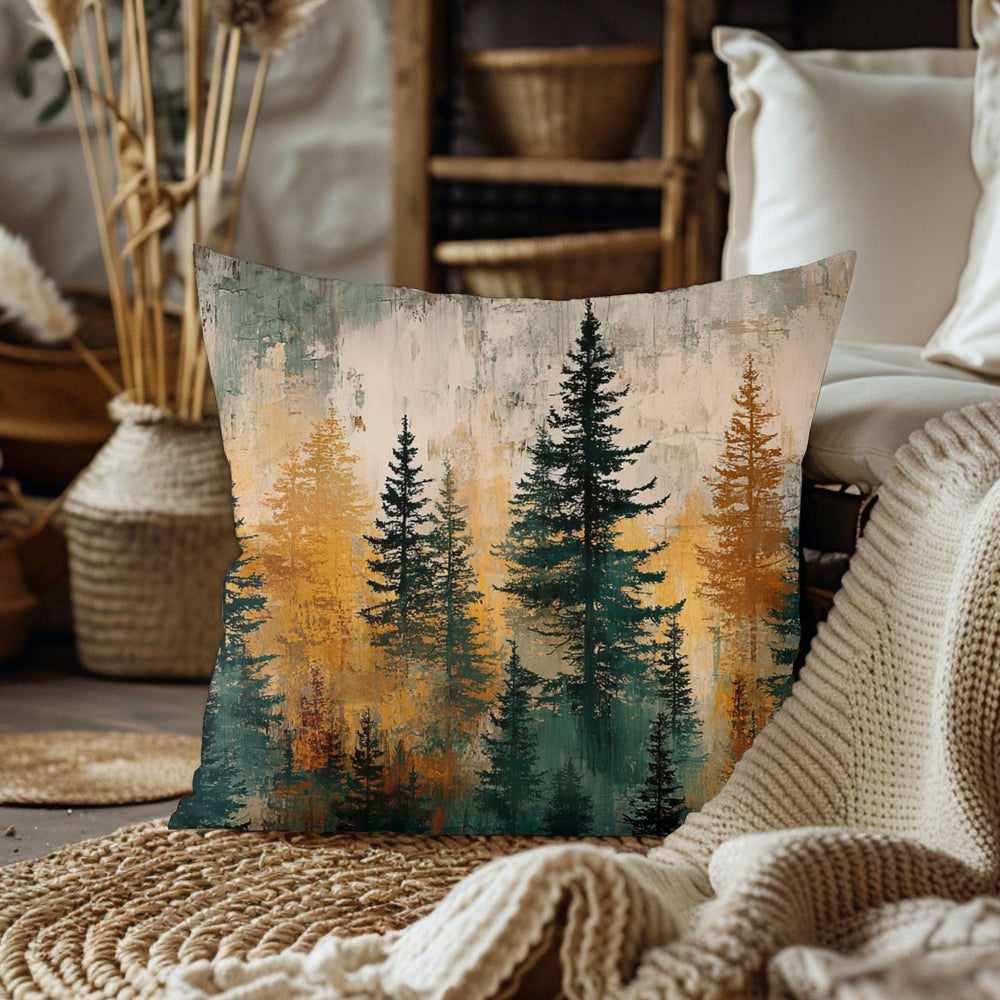 Rustic Forest Throw Pillow, Woodland Tree Cushion Cover, Lodge Cabin Decor, Nature Inspired Accent Pillow, Autumn Evergreen Design