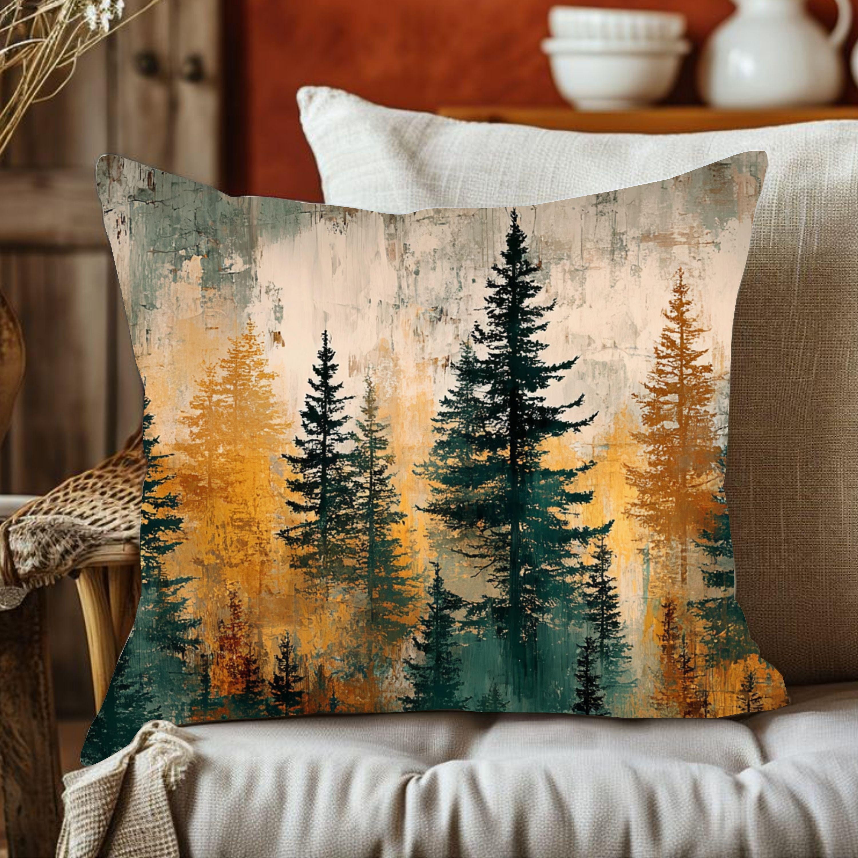 Rustic Forest Throw Pillow, Woodland Tree Cushion Cover, Lodge Cabin Decor, Nature Inspired Accent Pillow, Autumn Evergreen Design