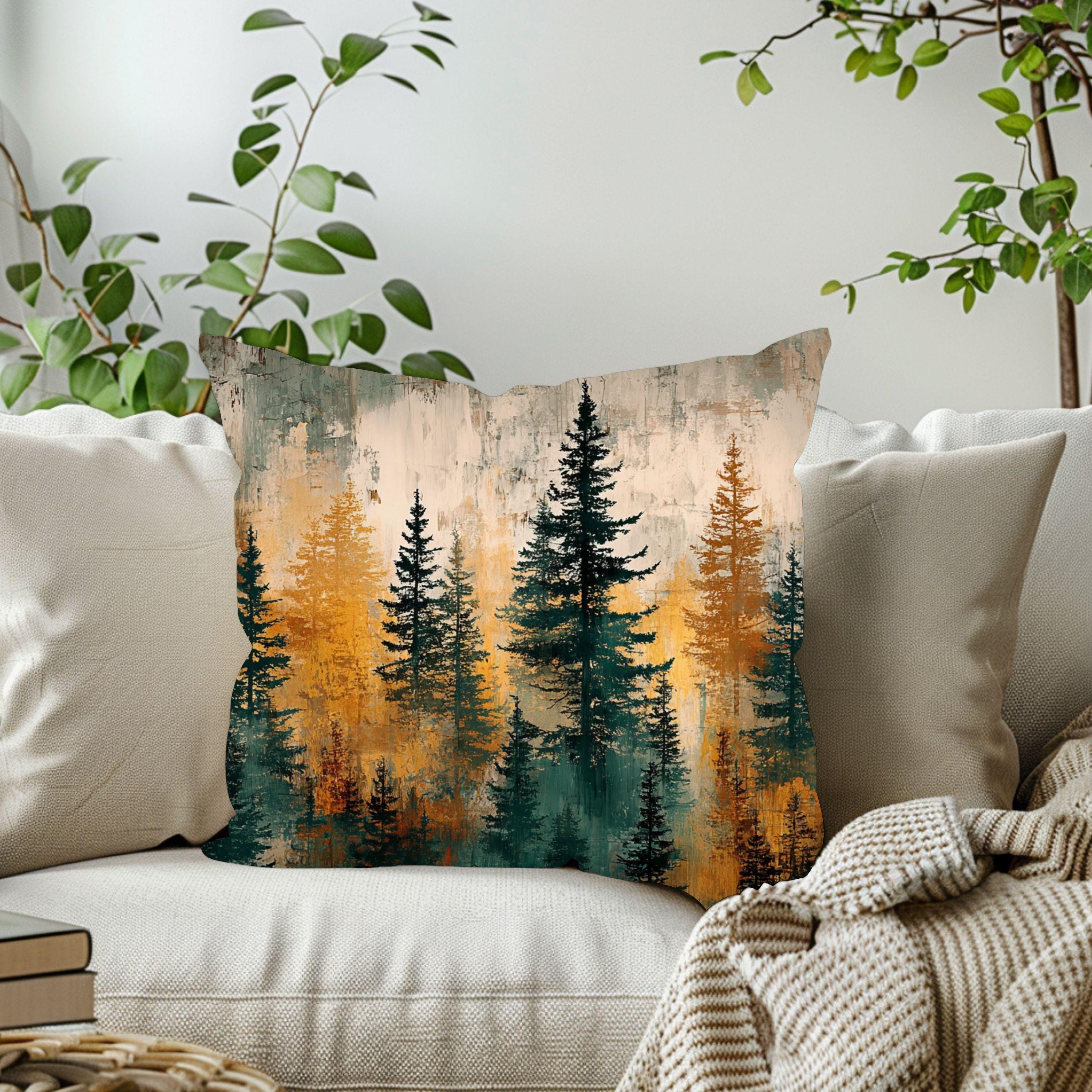 Rustic Forest Throw Pillow, Woodland Tree Cushion Cover, Lodge Cabin Decor, Nature Inspired Accent Pillow, Autumn Evergreen Design