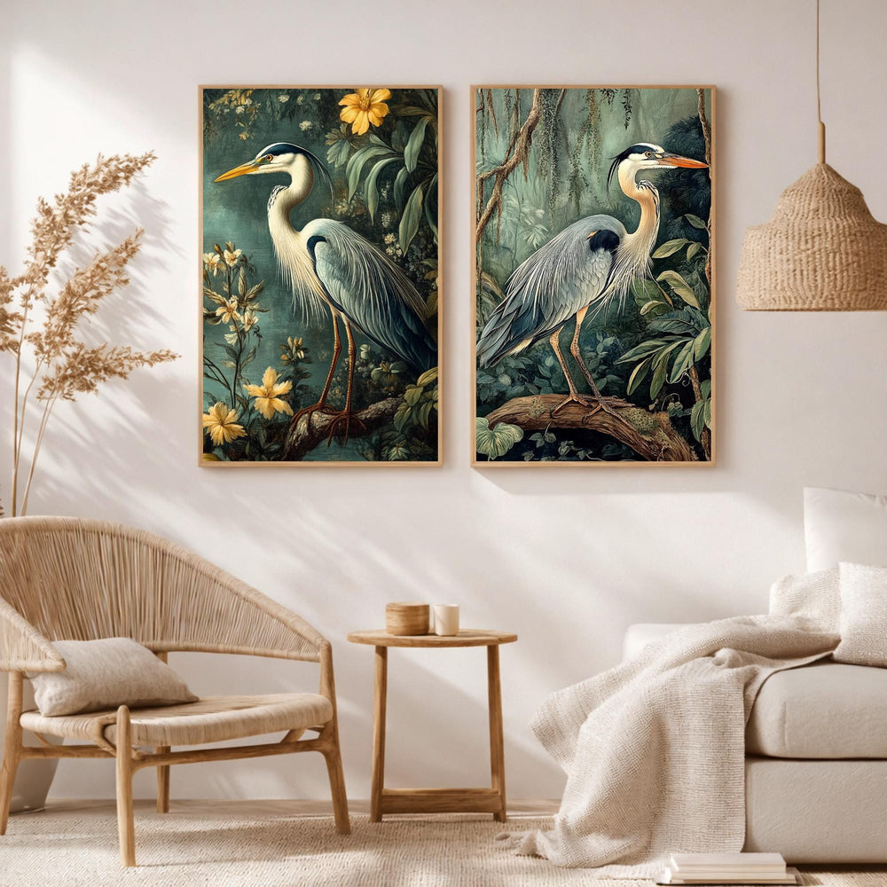 Set of 2 Botanical Heron Wall Art, Vintage Bird Framed Canvas Duo, Elegant Wildlife Nature Prints, Cottage Coastal Home Decor