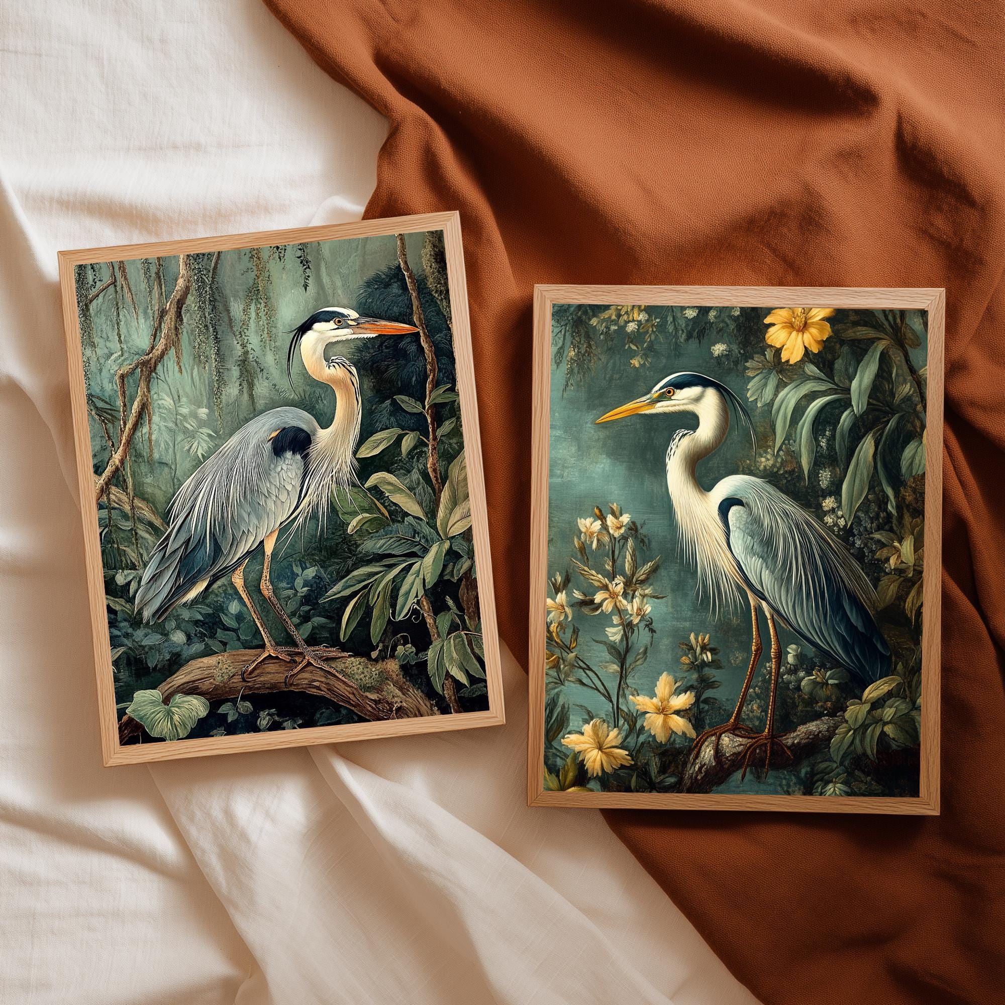 Set of 2 Botanical Heron Wall Art, Vintage Bird Framed Canvas Duo, Elegant Wildlife Nature Prints, Cottage Coastal Home Decor