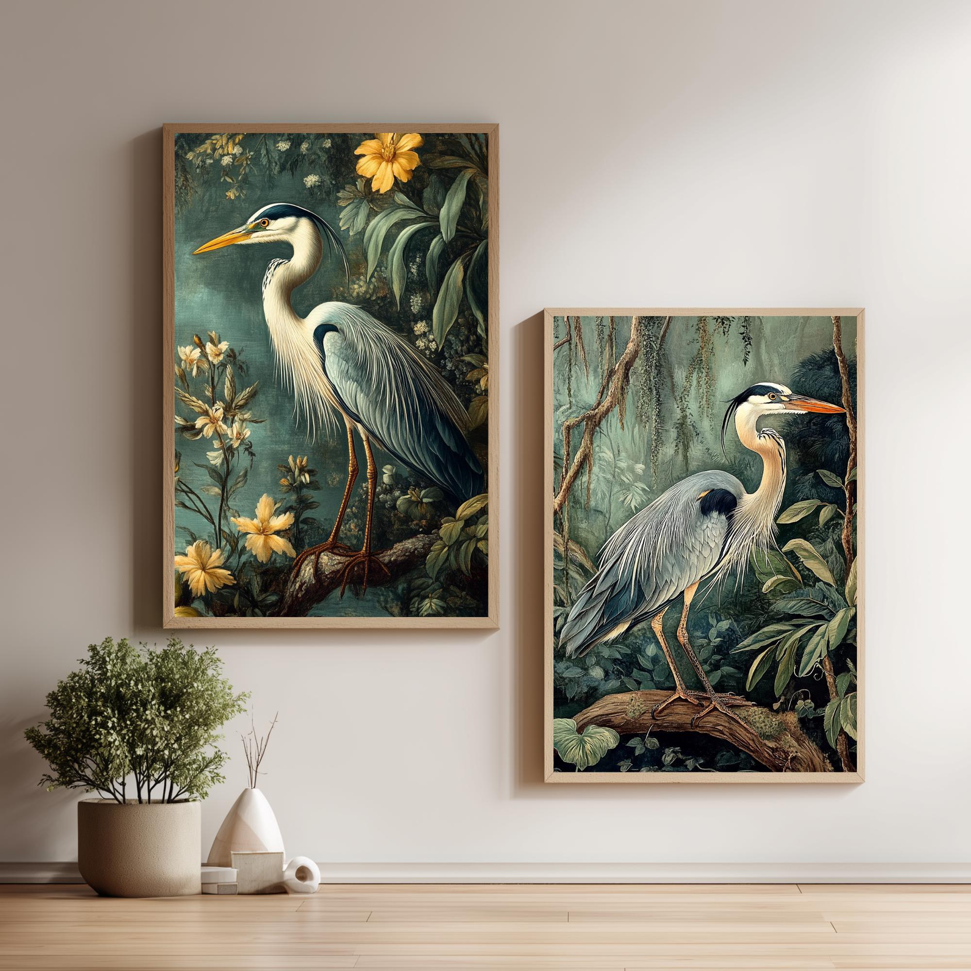 Set of 2 Botanical Heron Wall Art, Vintage Bird Framed Canvas Duo, Elegant Wildlife Nature Prints, Cottage Coastal Home Decor