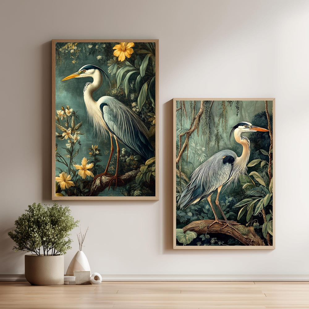 Set of 2 Botanical Heron Wall Art, Vintage Bird Framed Canvas Duo, Elegant Wildlife Nature Prints, Cottage Coastal Home Decor