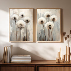 Set of 2 Neutral Dandelion Wall Art Set, Minimal Floral Framed Canvas Duo, Beige Botanical Artwork Prints, Modern Home Decor