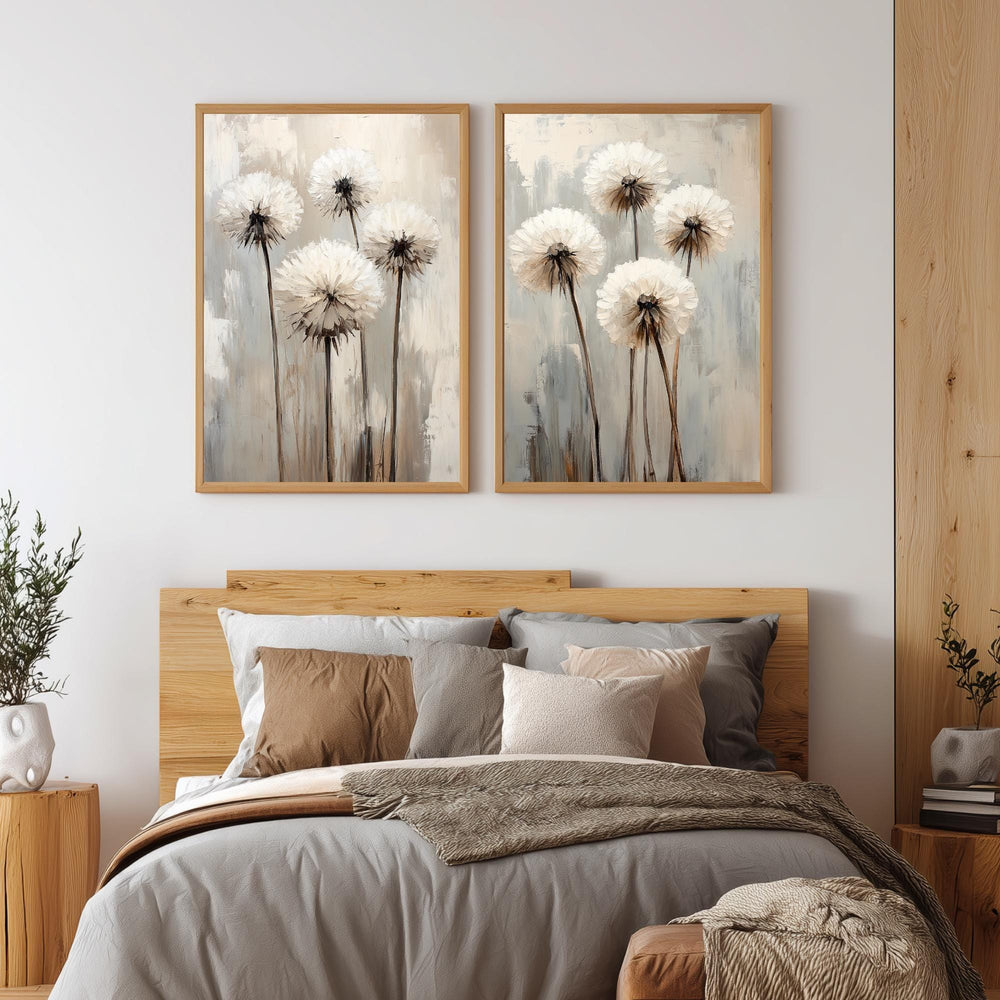Set of 2 Neutral Dandelion Wall Art Set, Minimal Floral Framed Canvas Duo, Beige Botanical Artwork Prints, Modern Home Decor