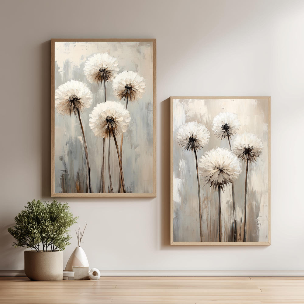 Set of 2 Neutral Dandelion Wall Art Set, Minimal Floral Framed Canvas Duo, Beige Botanical Artwork Prints, Modern Home Decor