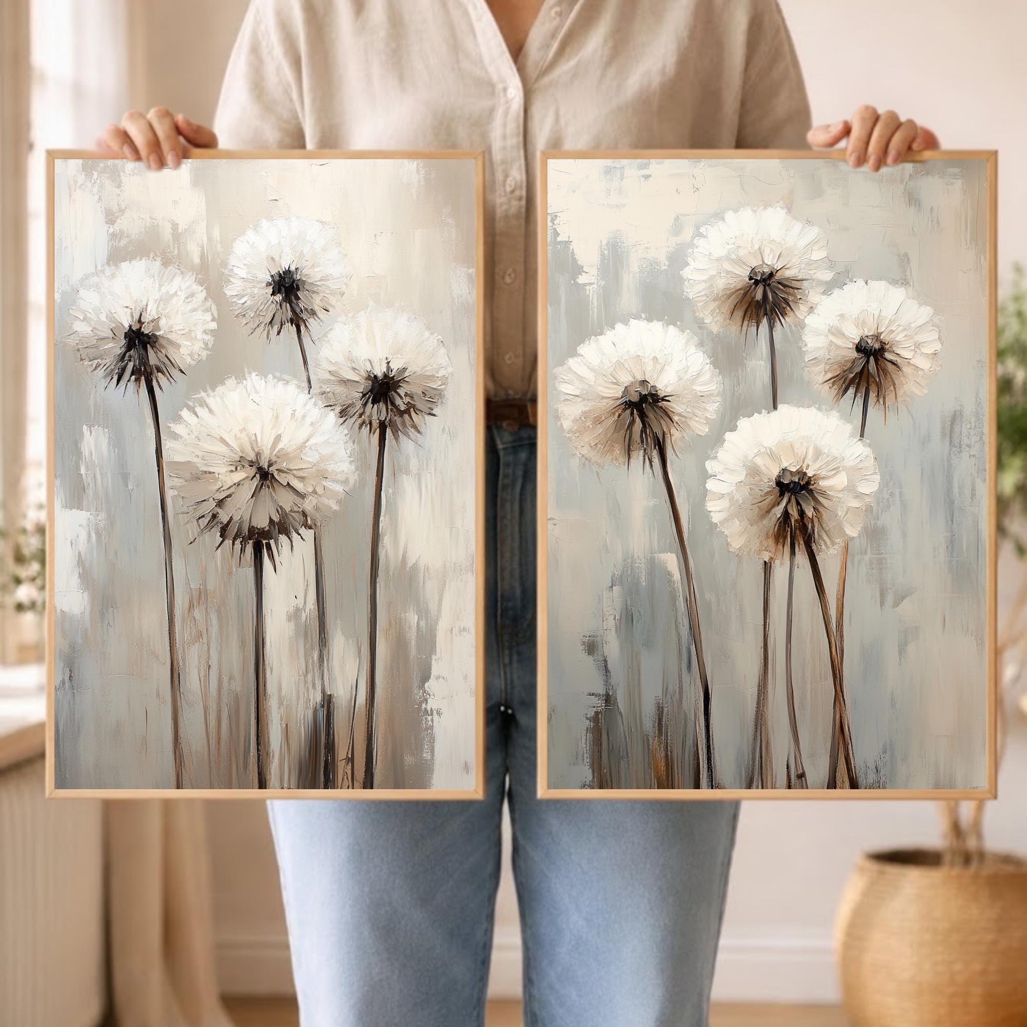 Set of 2 Neutral Dandelion Wall Art Set, Minimal Floral Framed Canvas Duo, Beige Botanical Artwork Prints, Modern Home Decor