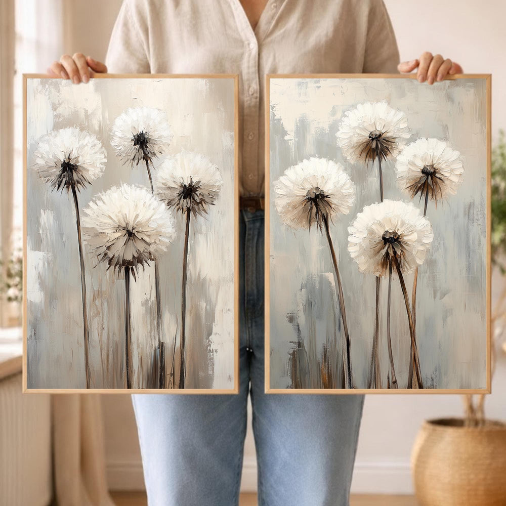 Set of 2 Neutral Dandelion Wall Art Set, Minimal Floral Framed Canvas Duo, Beige Botanical Artwork Prints, Modern Home Decor