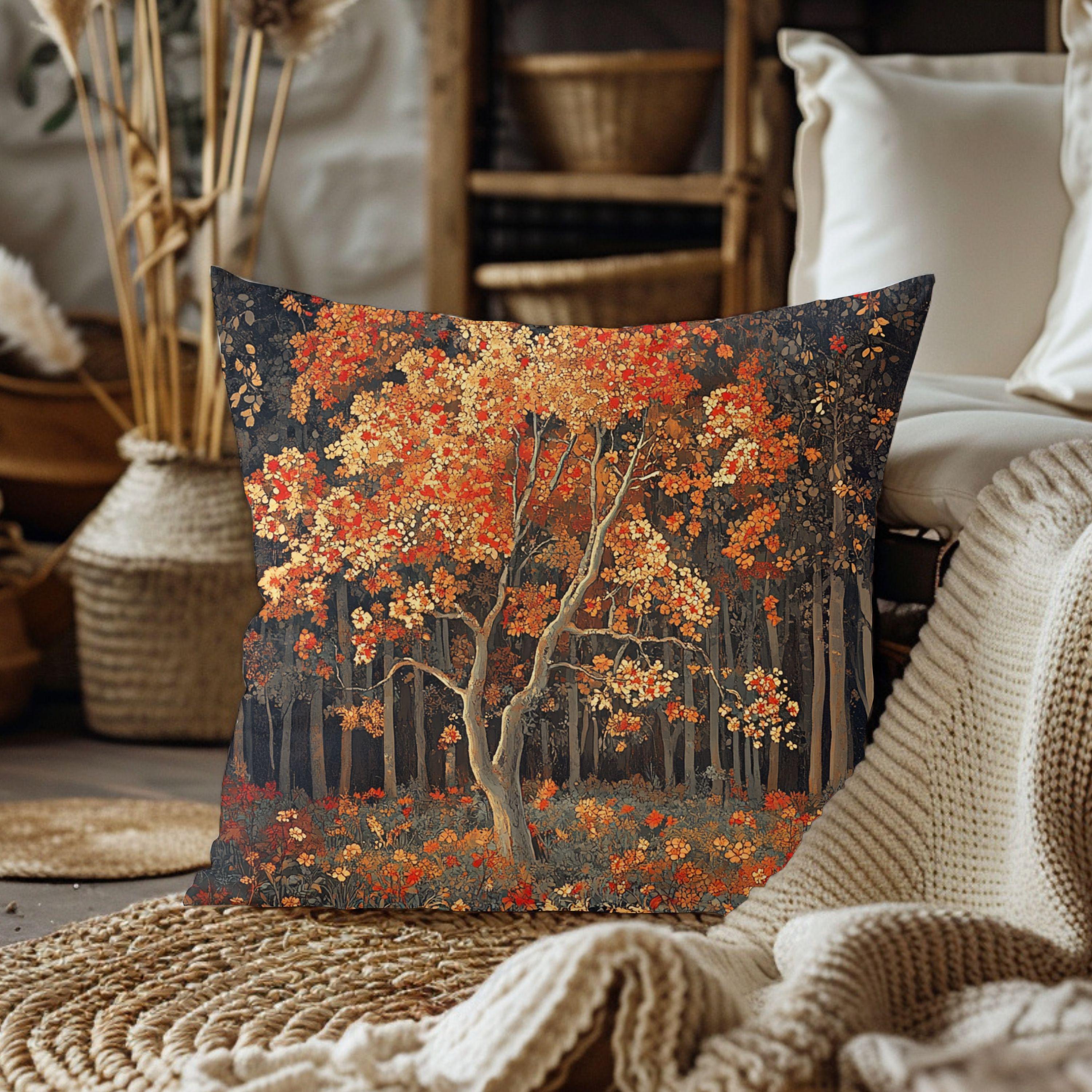 Rustic Autumn Tree Throw Pillow, Fall Forest Cushion Cover, Cottagecore Woodland Pillowcase, Farmhouse Nature Accent Decor