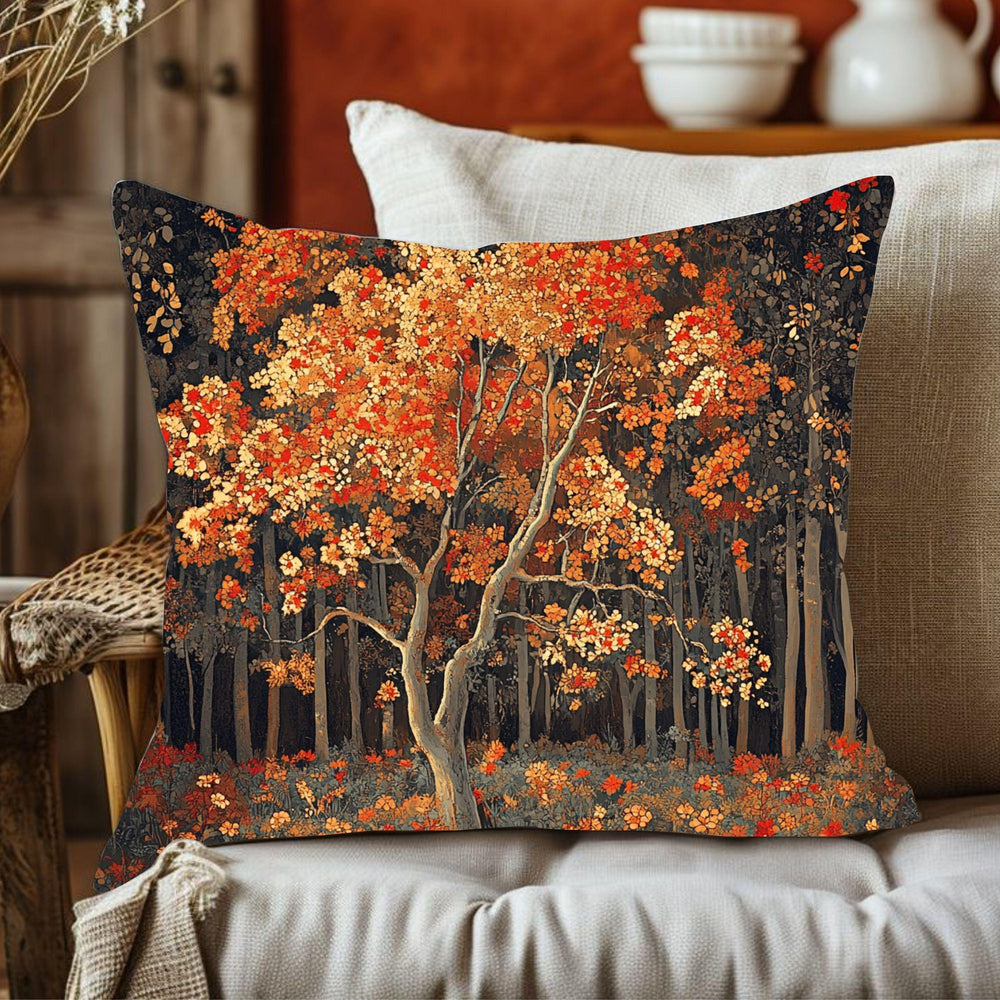 Rustic Autumn Tree Throw Pillow, Fall Forest Cushion Cover, Cottagecore Woodland Pillowcase, Farmhouse Nature Accent Decor