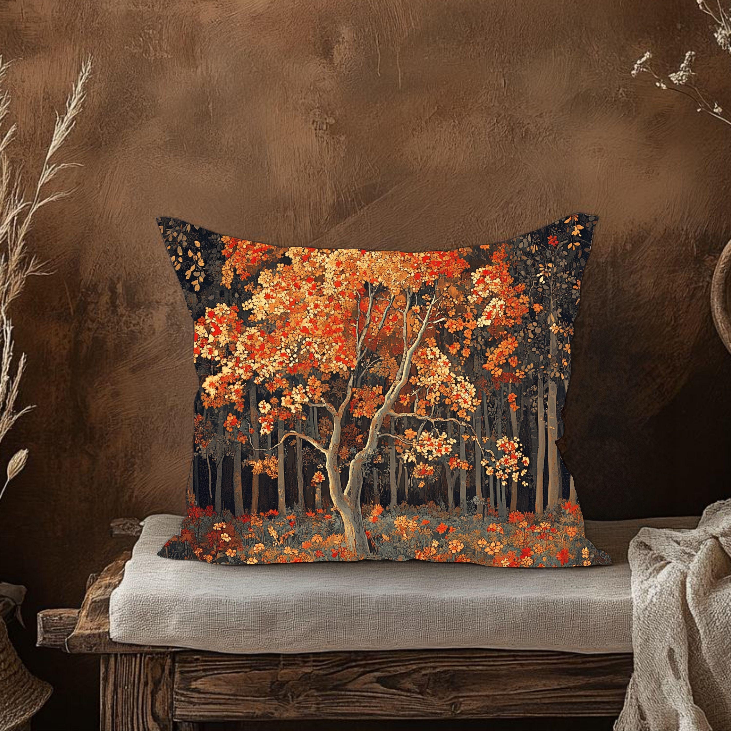 Rustic Autumn Tree Throw Pillow, Fall Forest Cushion Cover, Cottagecore Woodland Pillowcase, Farmhouse Nature Accent Decor