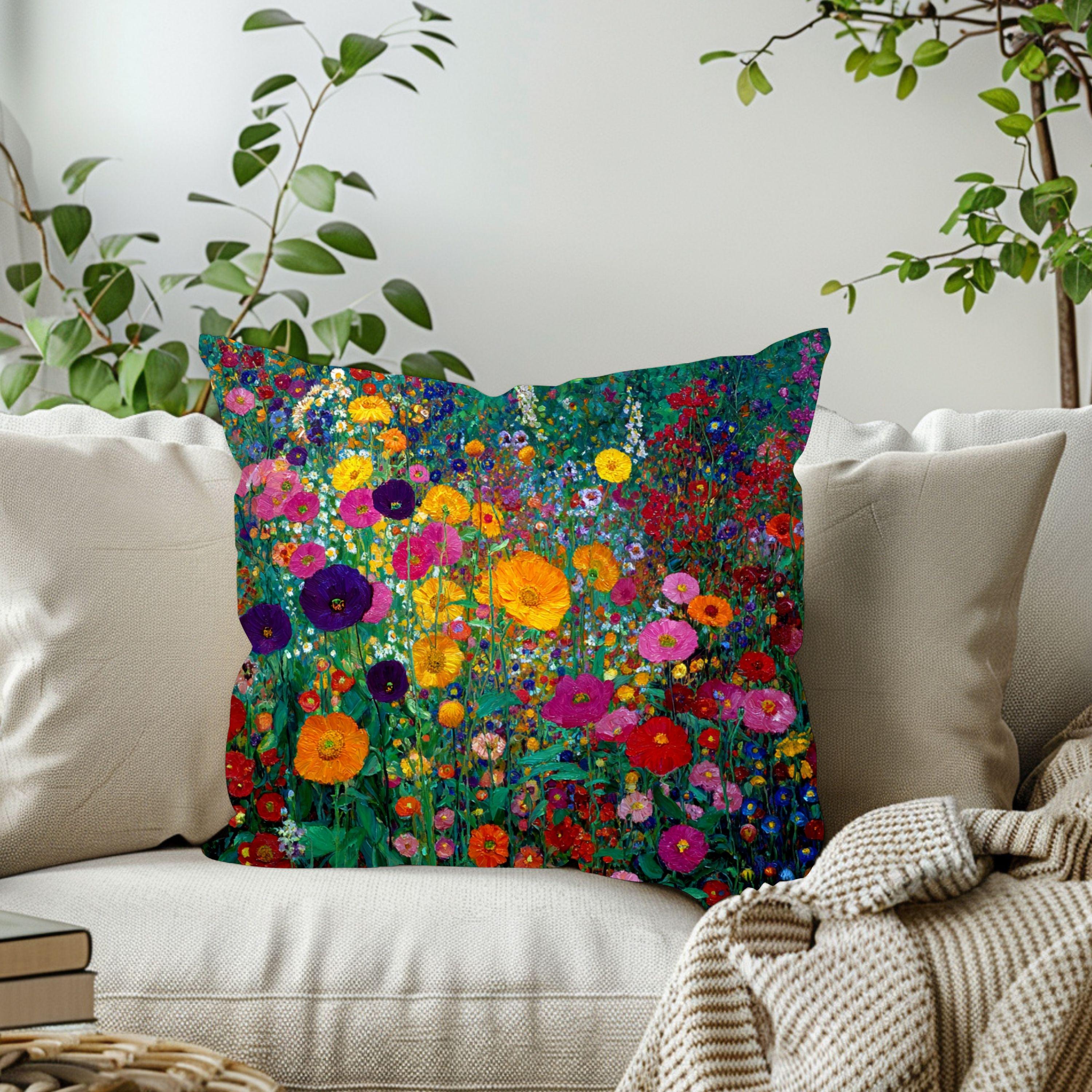 Wildflower Throw Pillow, Bright Floral Cushion Cover, Botanical Garden Pillowcase, Cottagecore Farmhouse Decor Accent