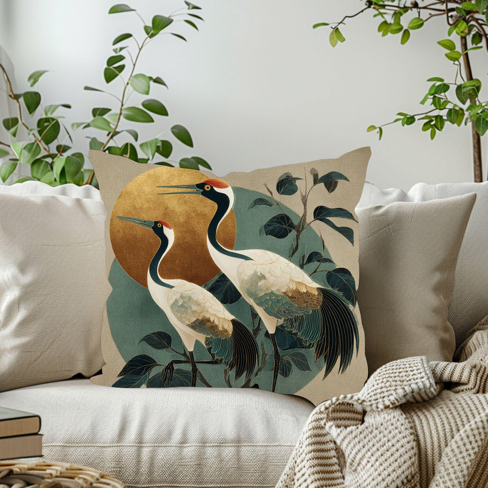 Japandi Coastal Throw Pillow, Japanese Sun Cushion Cover, Elegant Zen Pillowcase, Crane Bird Botanical Home Decor Accent