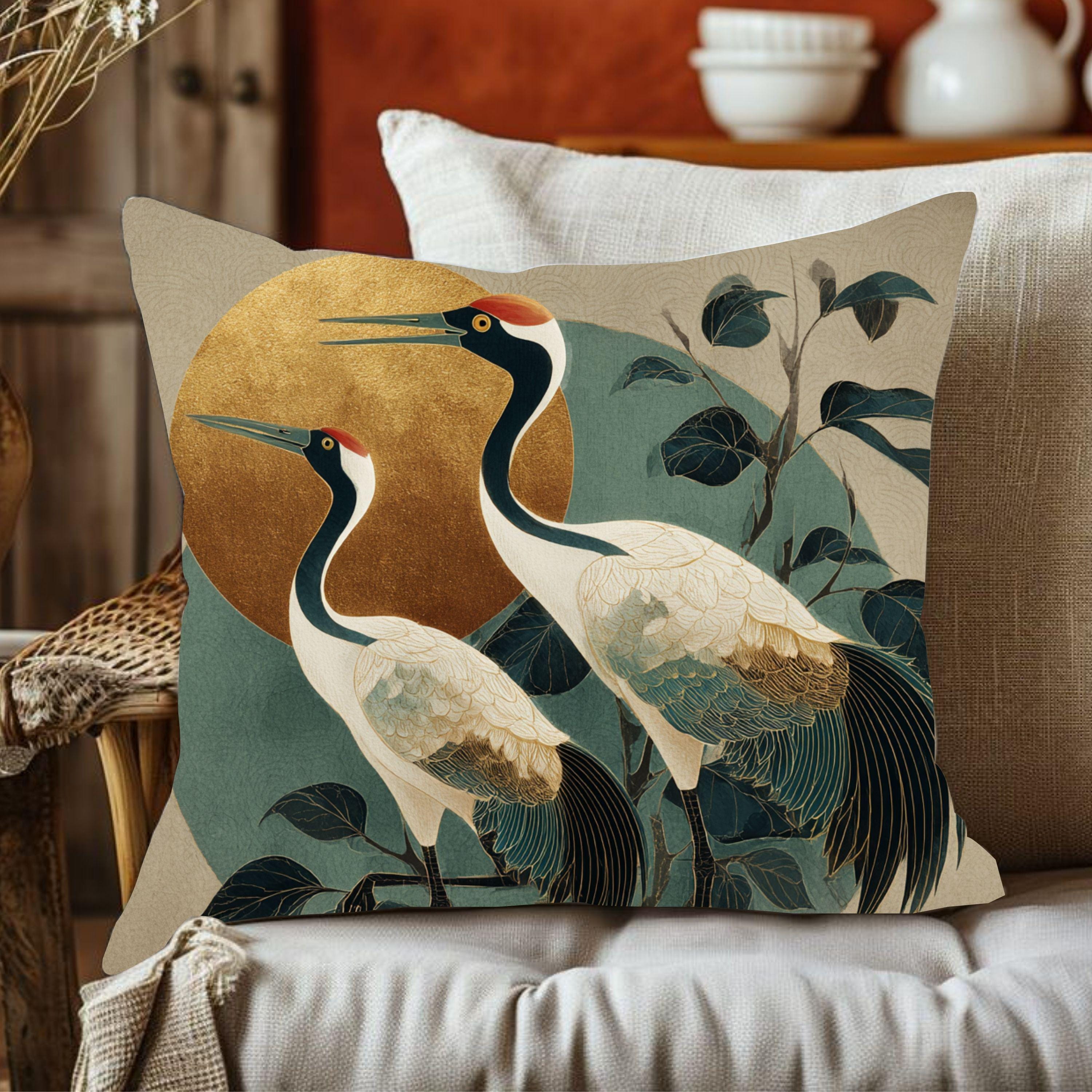 Japandi Coastal Throw Pillow, Japanese Sun Cushion Cover, Elegant Zen Pillowcase, Crane Bird Botanical Home Decor Accent