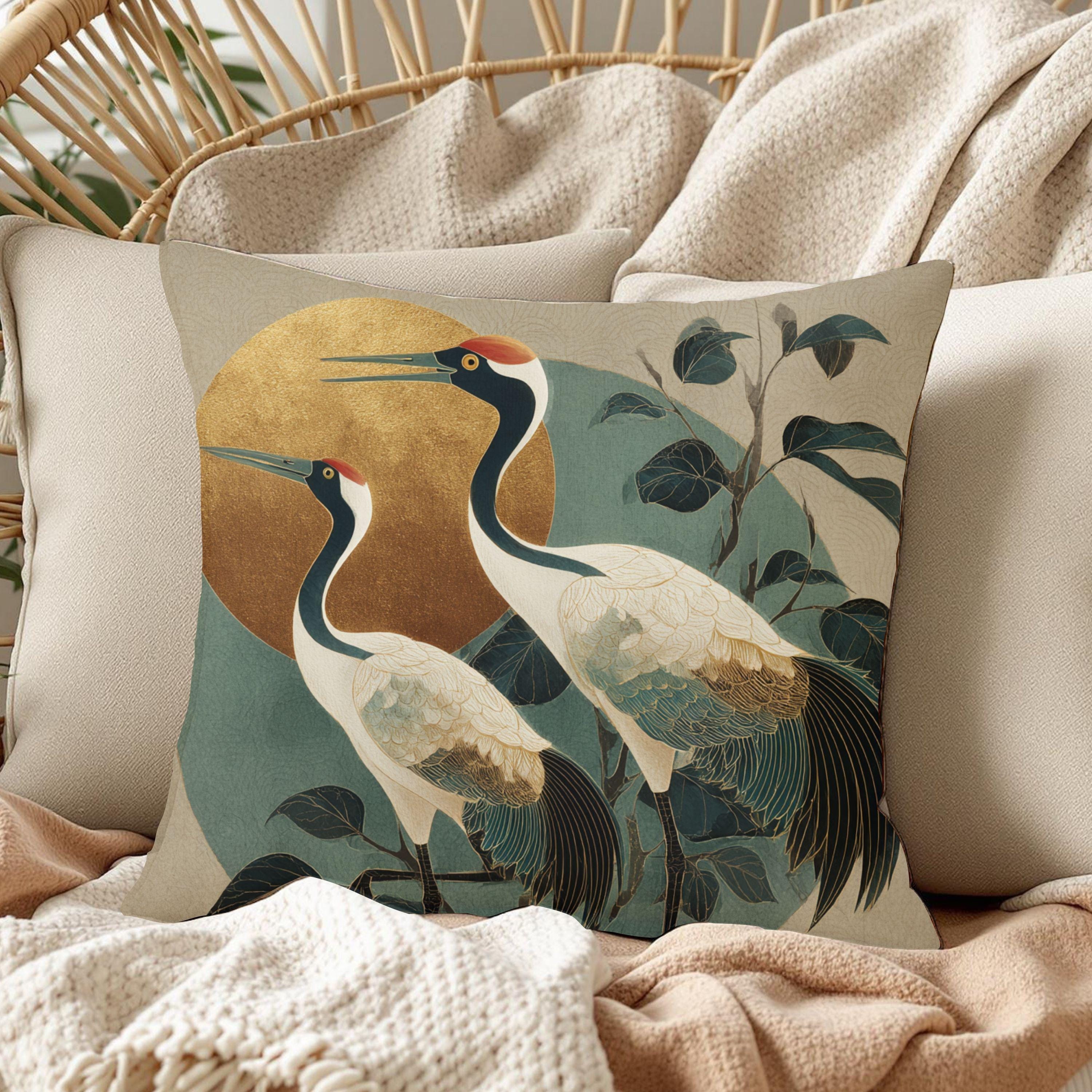 Japandi Coastal Throw Pillow, Japanese Sun Cushion Cover, Elegant Zen Pillowcase, Crane Bird Botanical Home Decor Accent