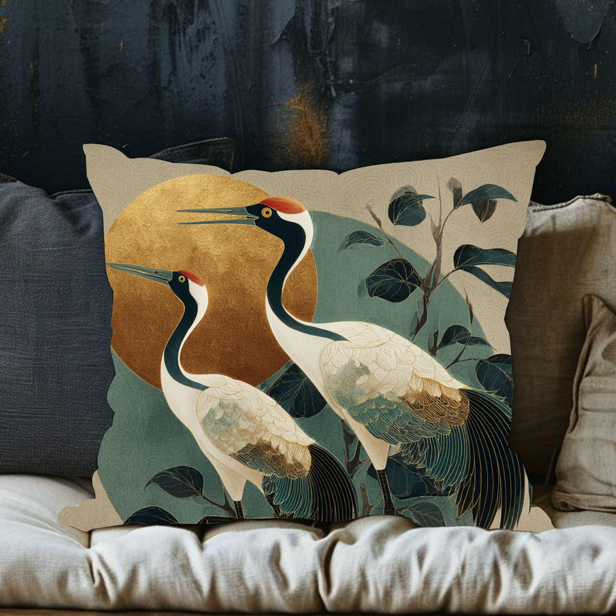 Japandi Coastal Throw Pillow, Japanese Sun Cushion Cover, Elegant Zen Pillowcase, Crane Bird Botanical Home Decor Accent