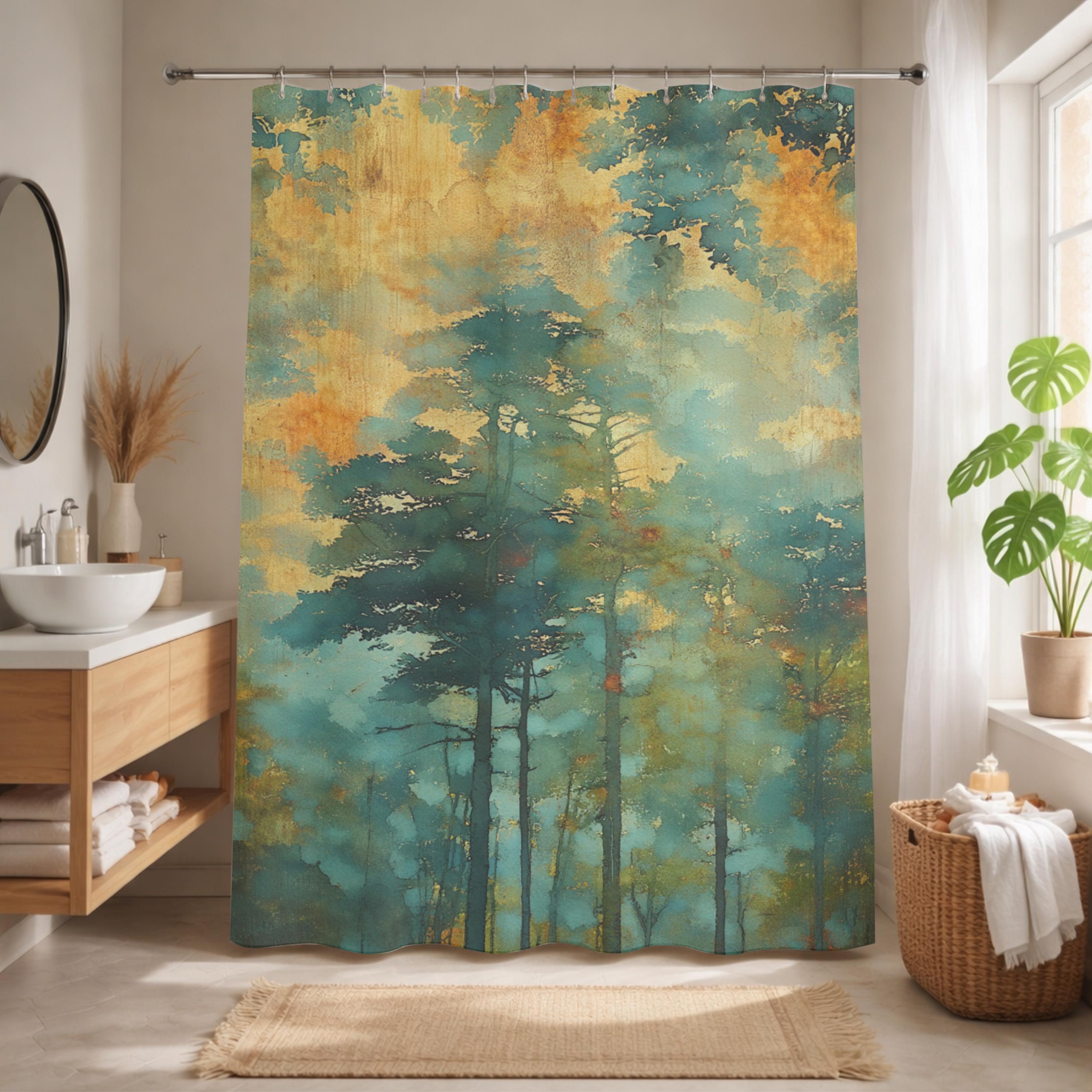 Moody Forest Shower Curtain, Misty Woodland Bathroom Decor, Dark Green Nature Bath Panel, Rustic Cabin House Curtain