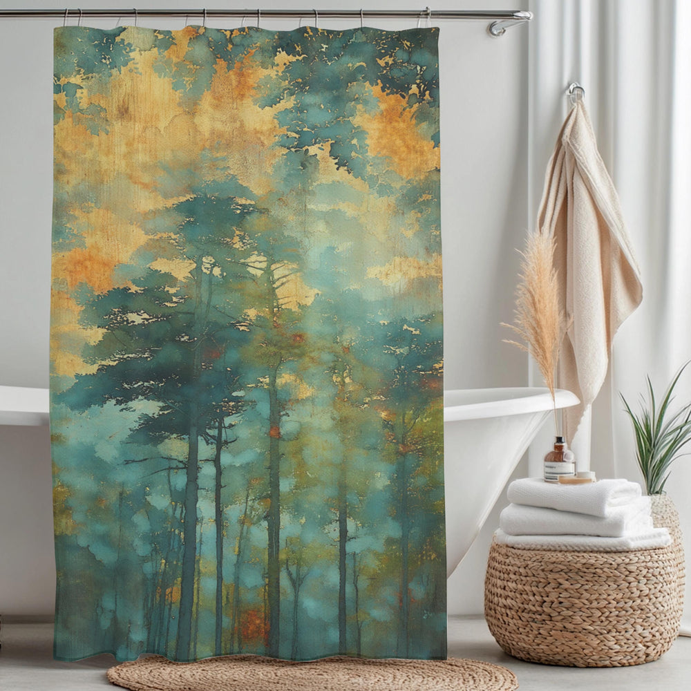 Moody Forest Shower Curtain, Misty Woodland Bathroom Decor, Dark Green Nature Bath Panel, Rustic Cabin House Curtain