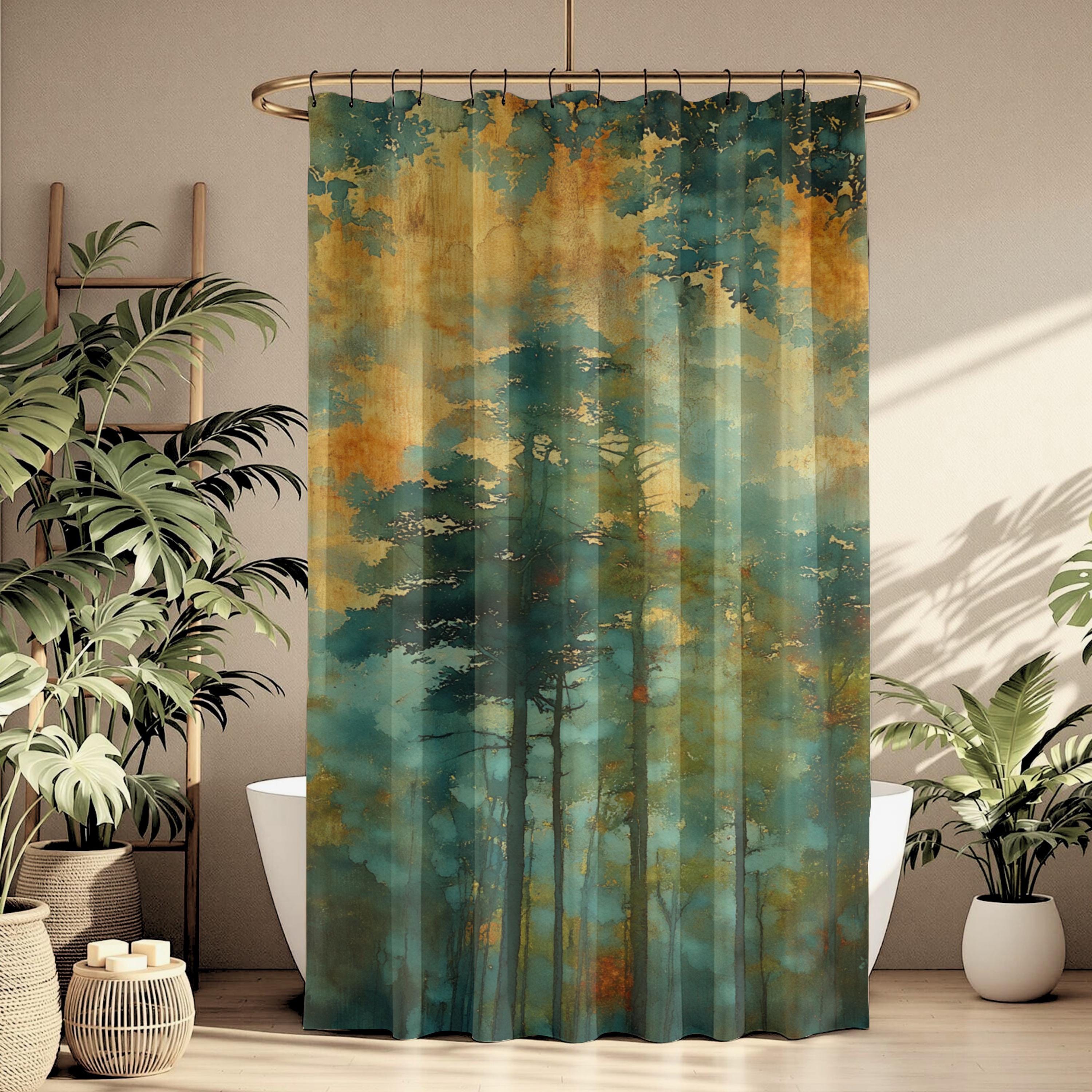 Moody Forest Shower Curtain, Misty Woodland Bathroom Decor, Dark Green Nature Bath Panel, Rustic Cabin House Curtain