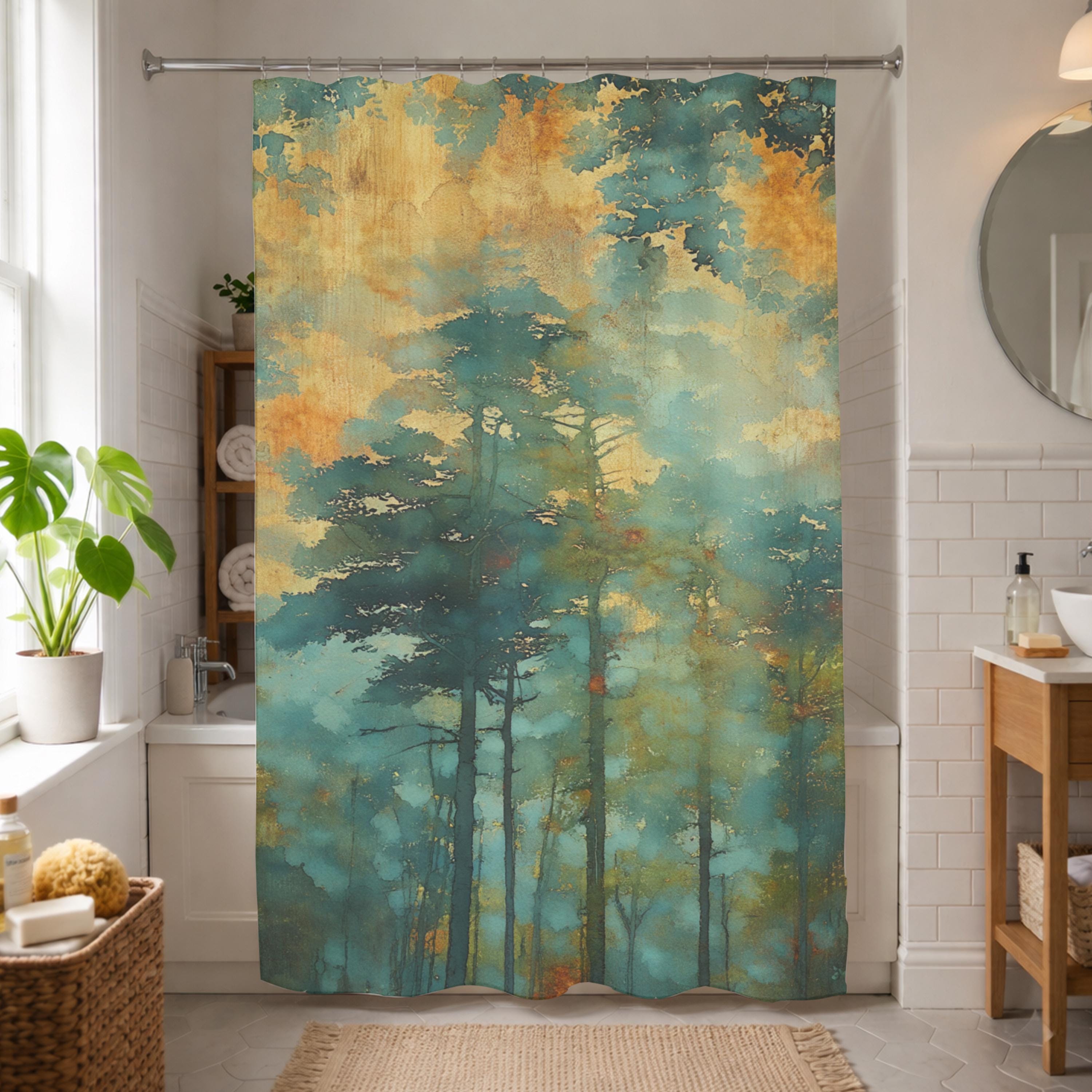 Moody Forest Shower Curtain, Misty Woodland Bathroom Decor, Dark Green Nature Bath Panel, Rustic Cabin House Curtain