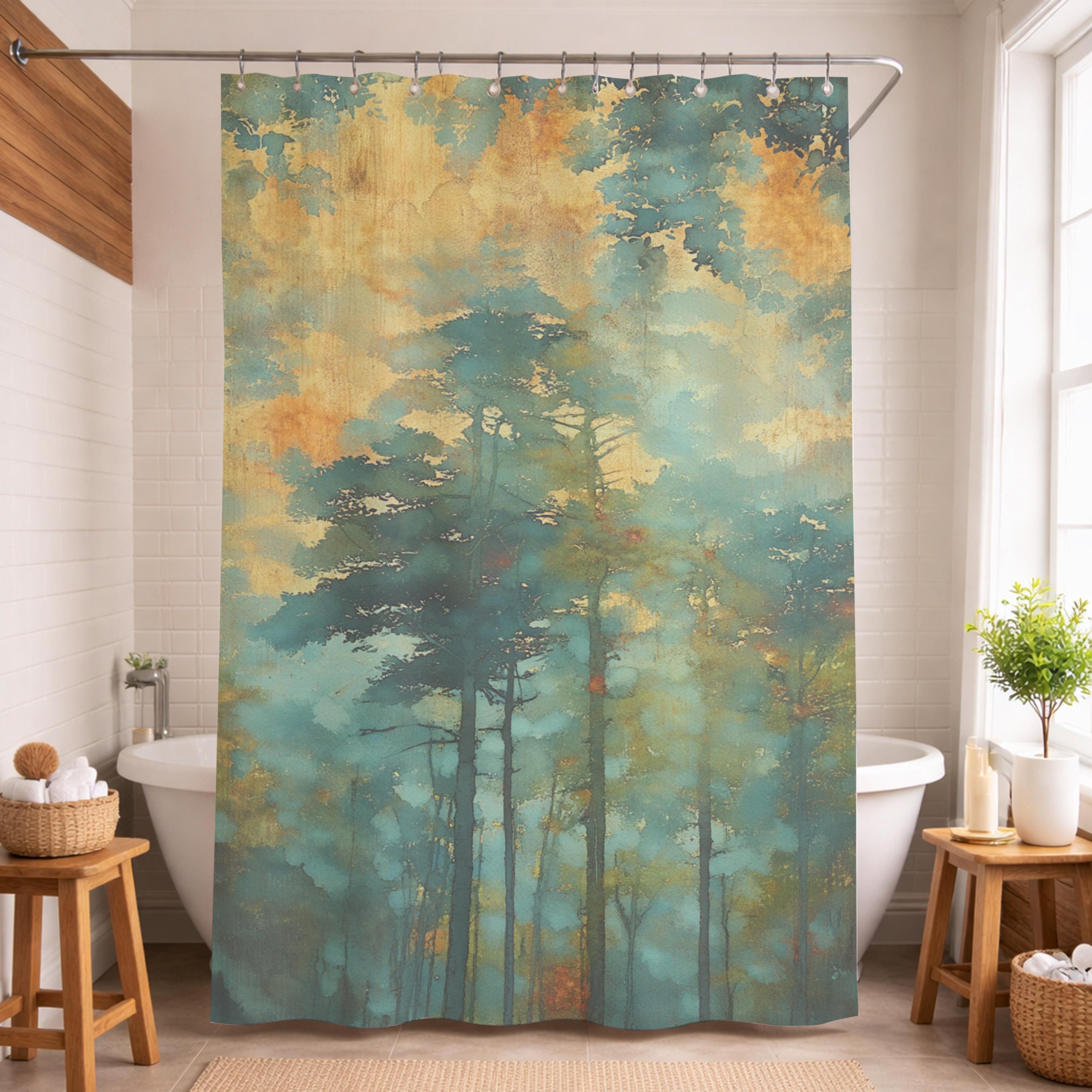 Moody Forest Shower Curtain, Misty Woodland Bathroom Decor, Dark Green Nature Bath Panel, Rustic Cabin House Curtain