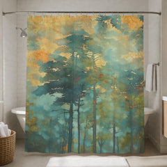 Moody Forest Shower Curtain, Misty Woodland Bathroom Decor, Dark Green Nature Bath Panel, Rustic Cabin House Curtain