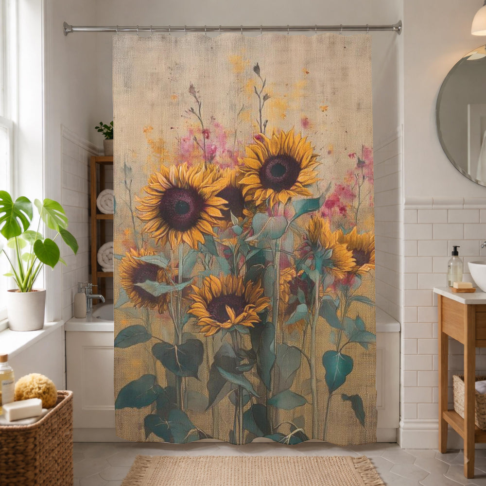 Rustic Sunflower Shower Curtain, Soft Floral Bathroom Decor, Vintage Farmhouse Bath Panel, Yellow Flower Curtain Gift