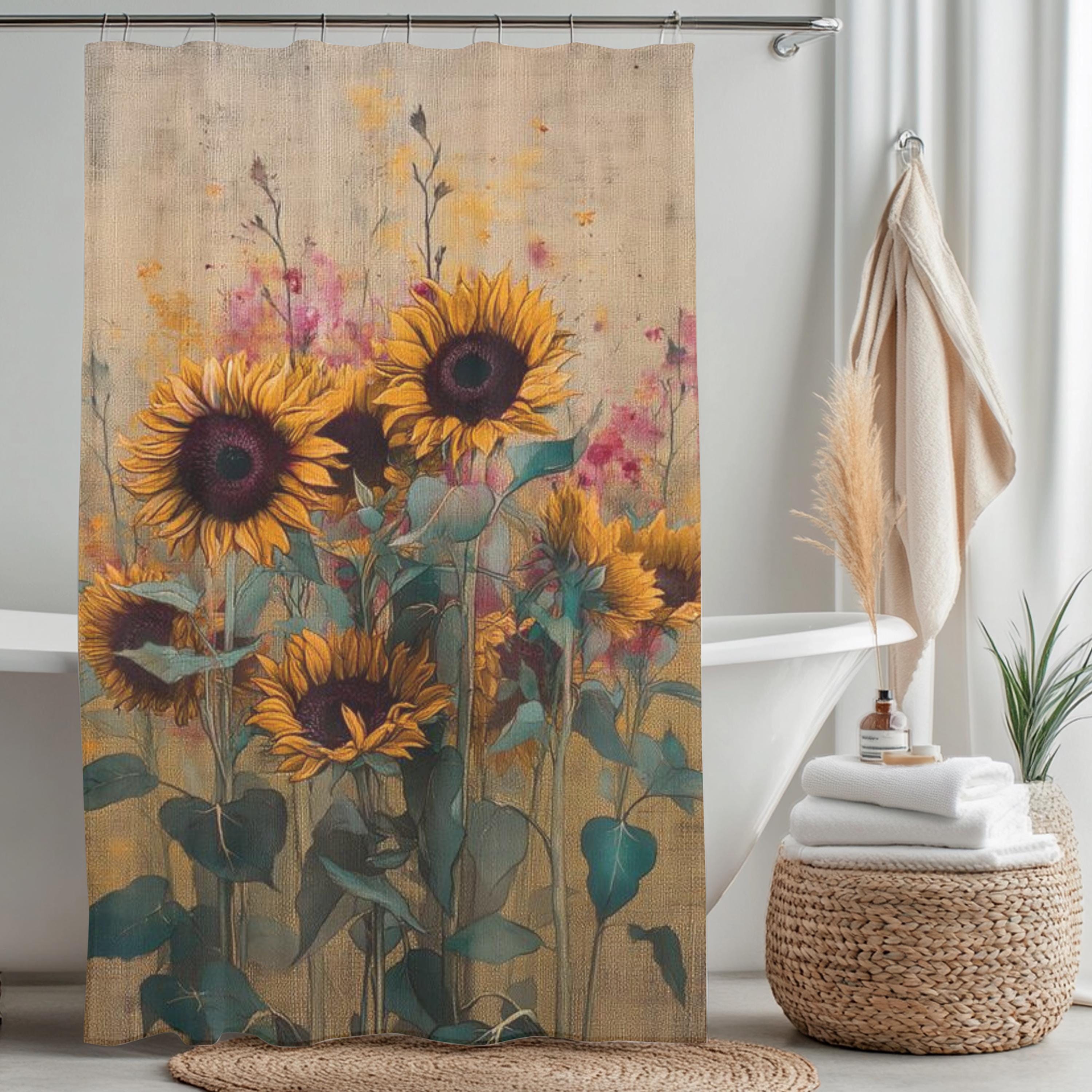 Rustic Sunflower Shower Curtain, Soft Floral Bathroom Decor, Vintage Farmhouse Bath Panel, Yellow Flower Curtain Gift