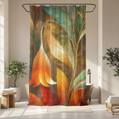 Art Nouveau Floral Shower Curtain, Moody Botanical Bathroom Decor, Orange Flower Bath Panel, Vintage Dark Nature Curtain Gift