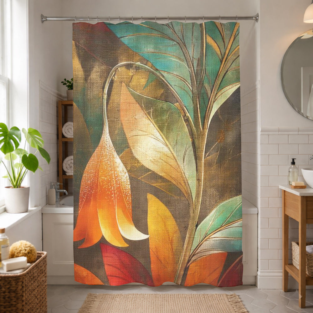 Art Nouveau Floral Shower Curtain, Moody Botanical Bathroom Decor, Orange Flower Bath Panel, Vintage Dark Nature Curtain Gift