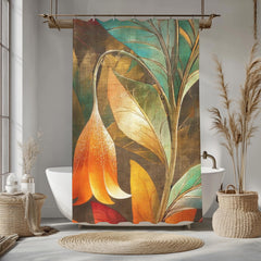 Art Nouveau Floral Shower Curtain, Moody Botanical Bathroom Decor, Orange Flower Bath Panel, Vintage Dark Nature Curtain Gift