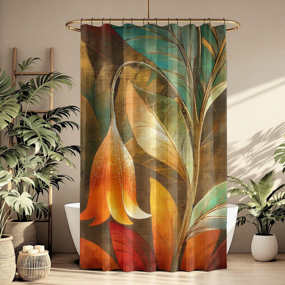 Art Nouveau Floral Shower Curtain, Moody Botanical Bathroom Decor, Orange Flower Bath Panel, Vintage Dark Nature Curtain Gift