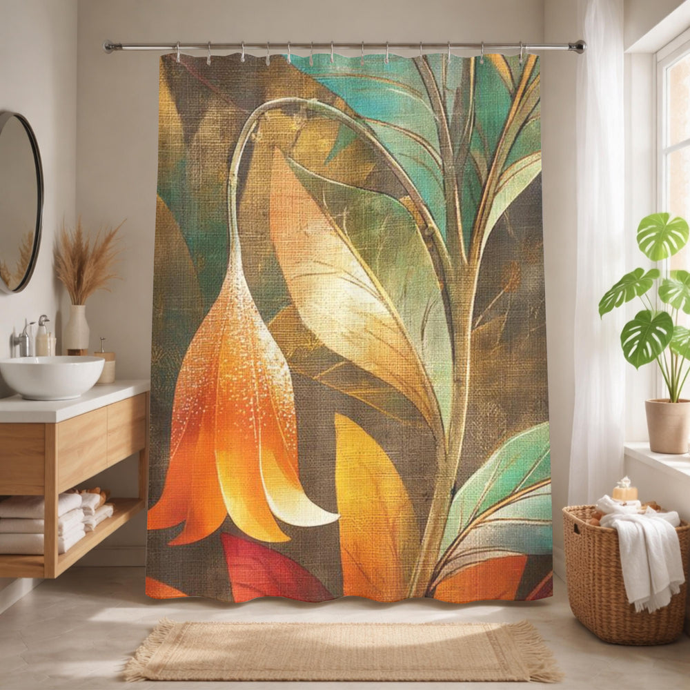 Art Nouveau Floral Shower Curtain, Moody Botanical Bathroom Decor, Orange Flower Bath Panel, Vintage Dark Nature Curtain Gift